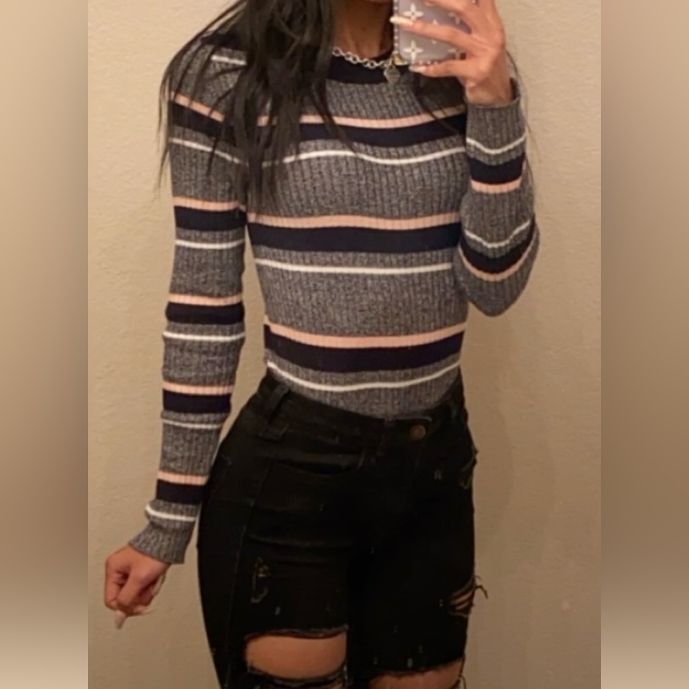 H&M Pink, Gray, and Black Striped Long Sleeve
